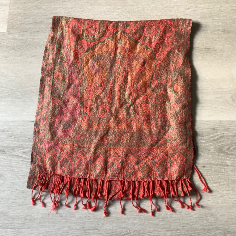 Braja 100% Silk Paisley Scarf Made in India Coral Orange Green Fringe Wrap